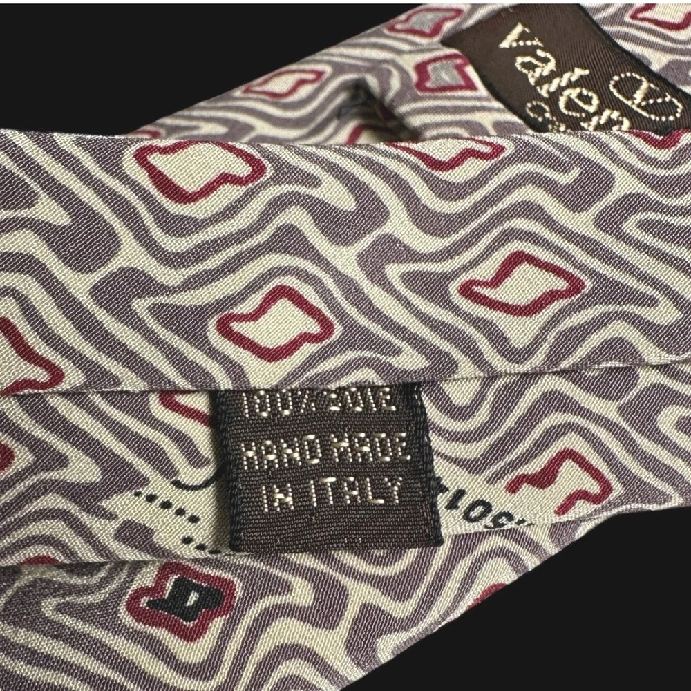 Valentino‎ Cravatte Mens Silk Tie Geometric Wavy Diamond Burgundy Grey Italy Vtg